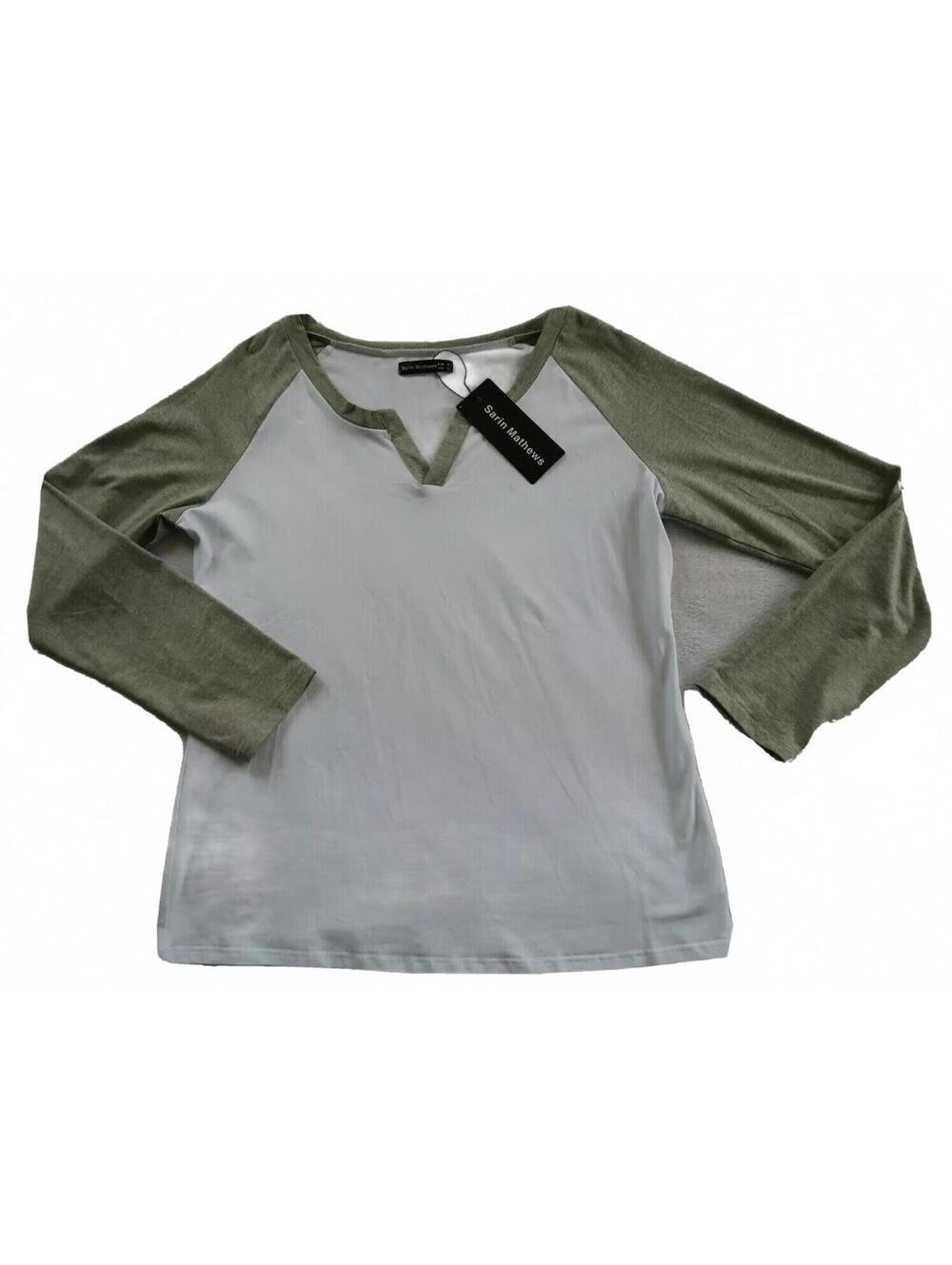 NWT Sarin Mathews Women's Soft  V-Neck Off White & Gray T Shirt Blouse Large